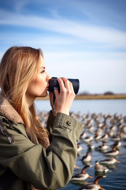 双眼鏡で渡り鳥の群れを観察する若い女性のショット