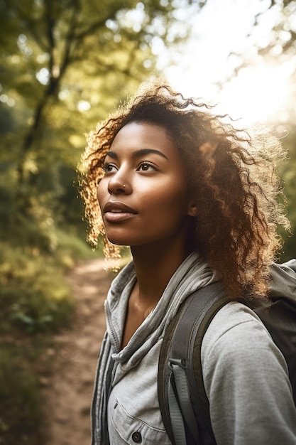 снимок молодой женщины на прогулке на природе, созданный с помощью генеративного искусственного интеллекта