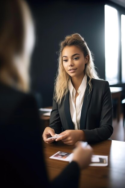 生成 AI で作成された、顧客に名刺を渡す若い女性のショット