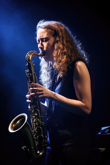 Shot of a young woman playing the saxophone on stage