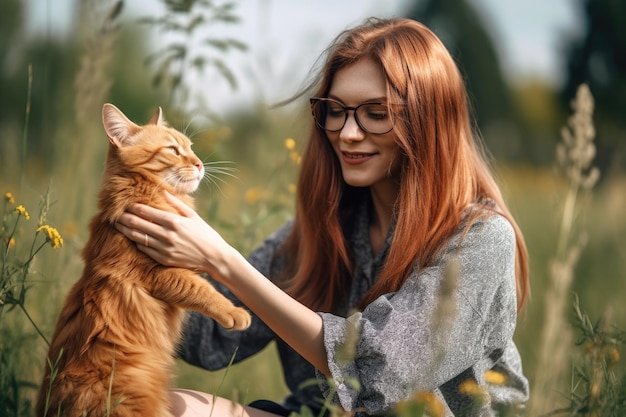 屋外で猫と遊ぶ若い女性のショット