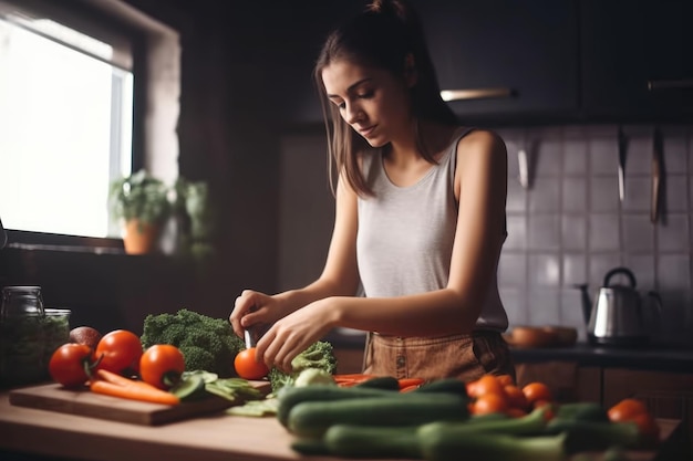 Shot of a young woman preparing vegetables created with generative ai