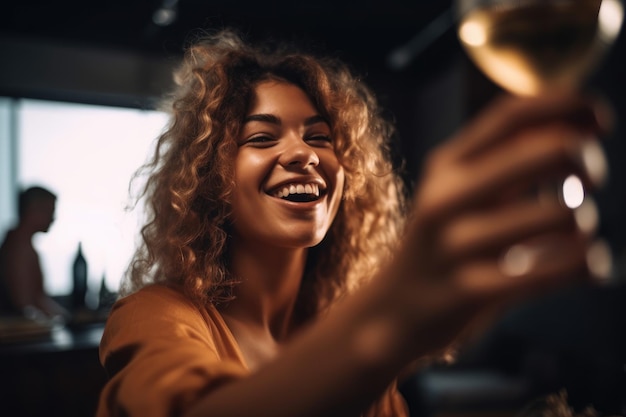 Shot of a young woman raising her glass for a toast at a party created with generative ai