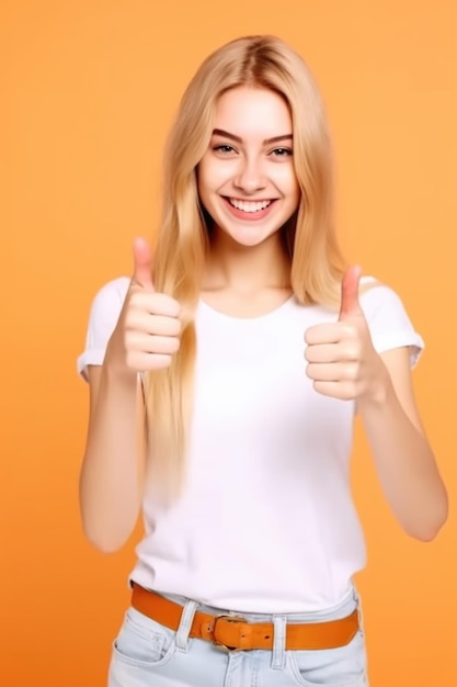 Shot of a young woman showing thumbs up created with generative ai