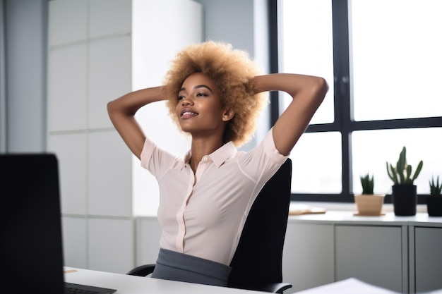 Shot of a young woman sitting with her arms extended in the office created with generative ai