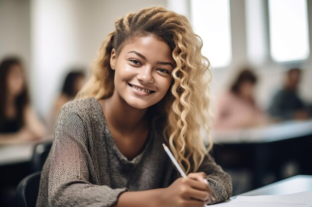 生成 AI で作成された、授業中にメモを取りながらカメラに向かって微笑む若い女性のショット