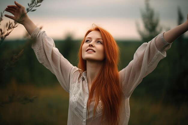 Foto scatto di una giovane donna in piedi con le braccia alzate nella natura creata con l'ia generativa