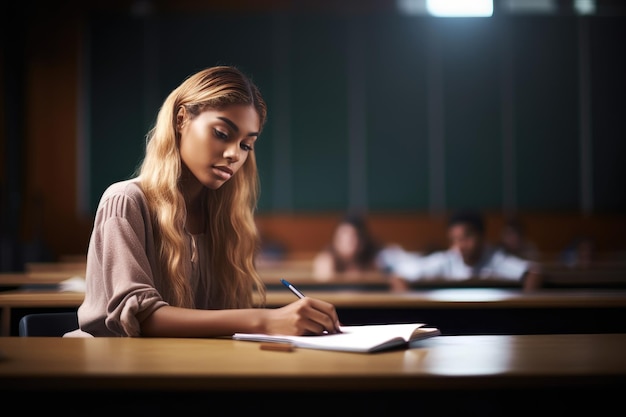 Photo shot of a young woman studying at her desk in a lecture hall created with generative ai