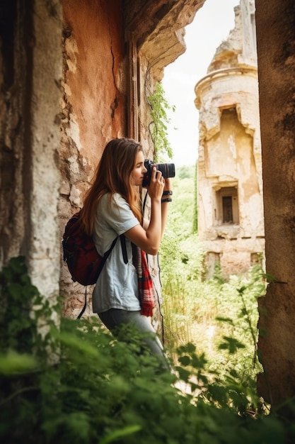 ジェネレーティブAIで作られた古代の遺跡を探索しながら写真を撮っている若い女性のショット