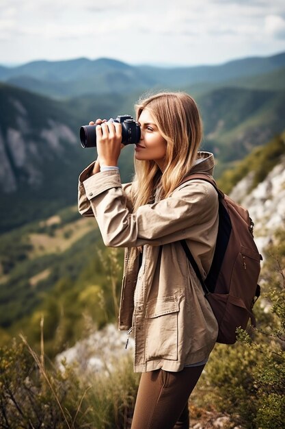 Снимка молодой женщины, фотографирующей во время похода.