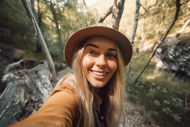 Shot of a young woman taking a selfie while exploring the outdoors created with generative ai