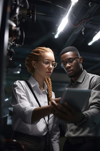 Shot of a young woman using a digital tablet alongside an engineer created with generative ai