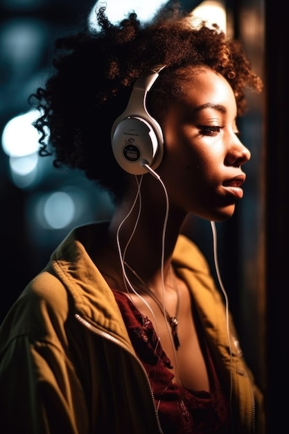 Shot of a young woman using earphones to listen to music created with generative ai