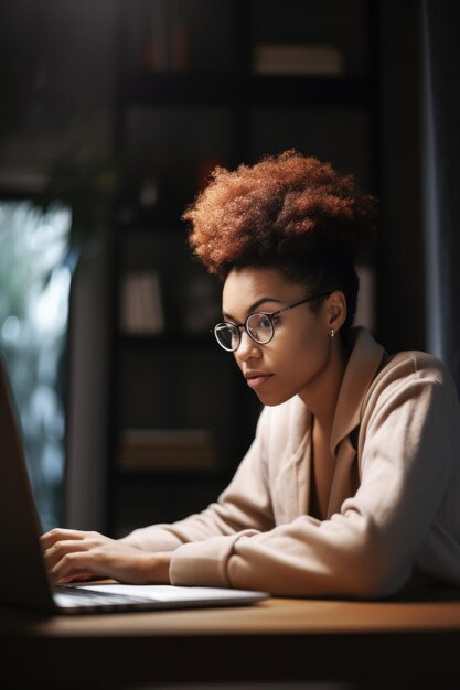 Shot of a young woman using her laptop while working inside her home created with generative ai