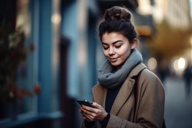 Shot of a young woman using her phone to send a text outside created with generative ai