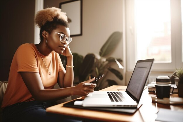 Shot of a young woman using her smartphone and laptop to work from home created with generative ai