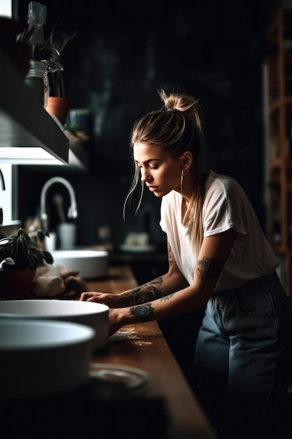 Shot of a young woman washing the dishes at home