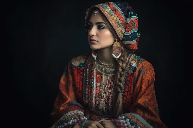生成 AI で作成された伝統的な衣装を着た若い女性のショット