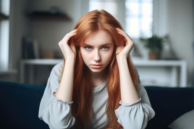 Foto inquadratura di una giovane donna con le mani intrecciate dietro la testa a casa