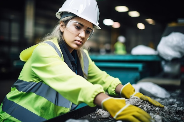 Снимок молодой женщины с занятыми руками, работающей на заводе по переработке отходов