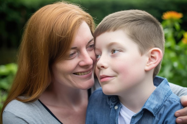 생성 AI로 만든 자폐증을 가진 아들과 함께 있는 젊은 여성의 사진