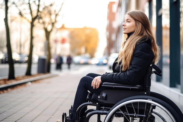 Shot of a young woman with spinal injuries using a wheelchair outside created with generative ai