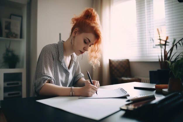 Photo shot of a young woman working at home created with generative ai