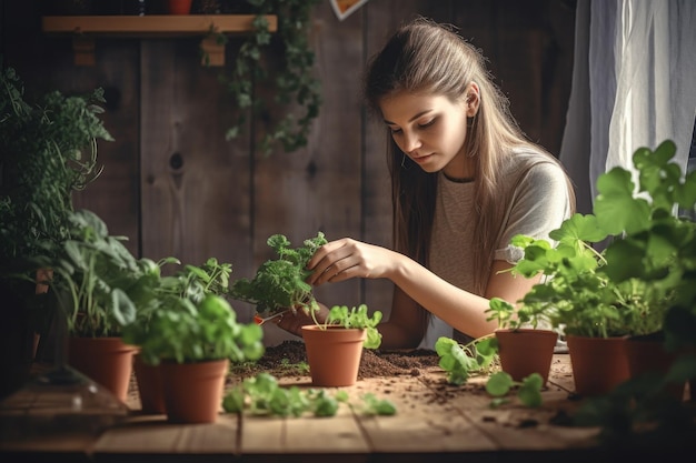 Shot of a young woman working on indoor gardening created with generative ai