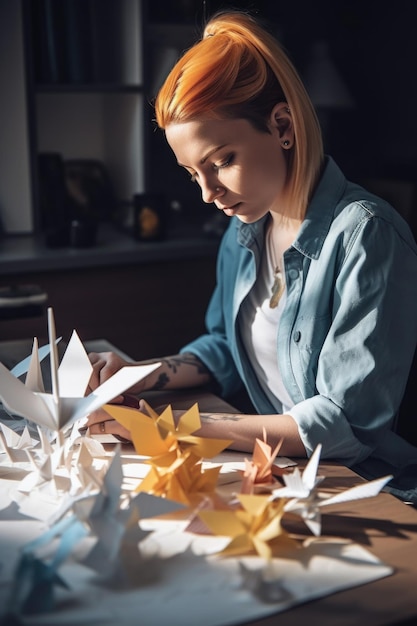 Снимок молодой женщины, работающей над бумажным проектом, созданным с помощью генеративного ИИ