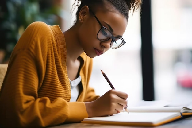 Foto inquadratura di una giovane donna che scrive nel suo diario