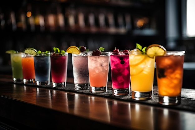 Shots in a party on the counter of a bar with fruits on top of the shots