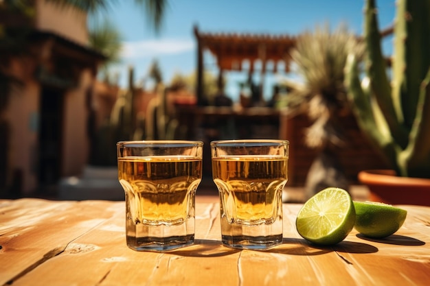 Shots of tequila in the hands of people relaxing in a bar on the beach