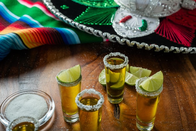 Shots of tequila with salt and lemon on a wooden table Festive cinco de mayo background