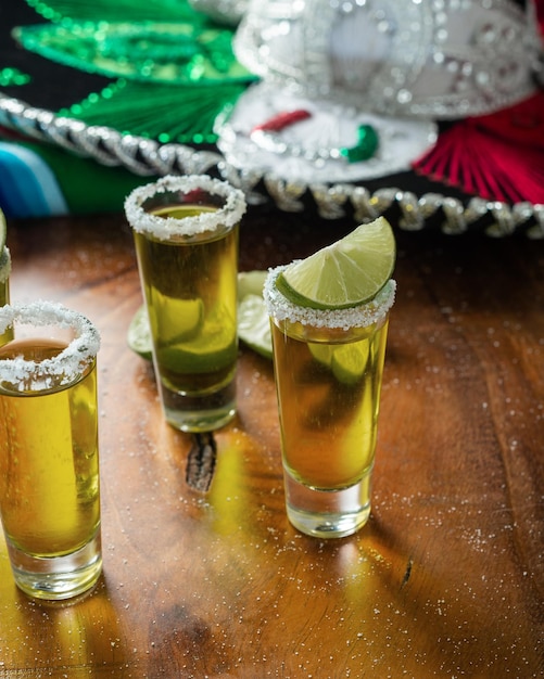 Shots of tequila with salt and lemon on a wooden table Festive cinco de mayo background