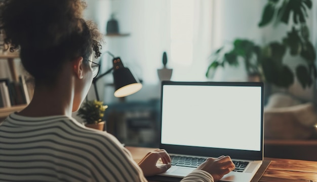 Foto uno scatto sulla spalla di una giovane donna che usa un computer portatile davanti a uno schermo bianco vuoto in casa