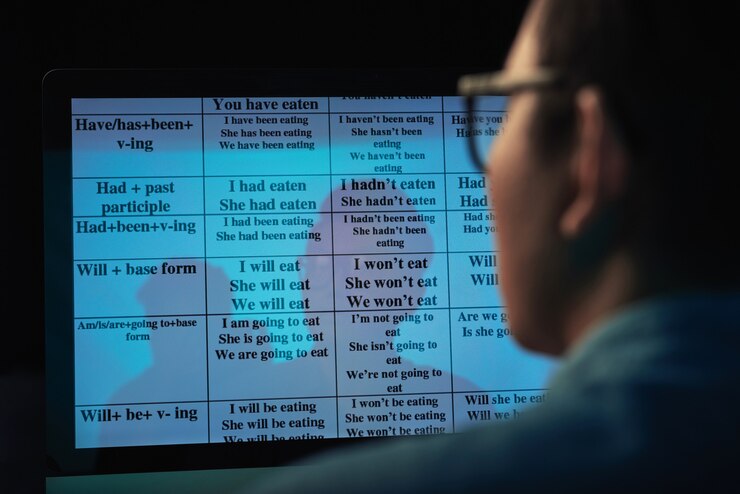 Photo over shoulder view of asian man sitting in front of computer monitor and studying english at night