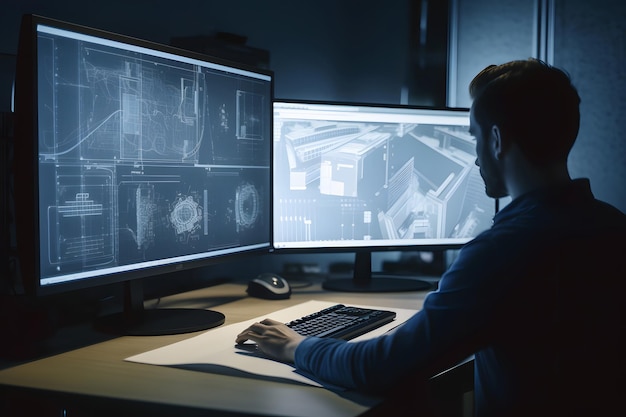 Over the Shoulder view of an Engineer Working with CAD Software using two large computer screens Neural network generated in May 2023 Not based on any actual person scene or pattern