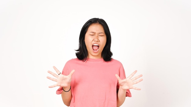 사진 하 배경 에 고립 된 아름다운 아시아 여성 의 소리 와 분노