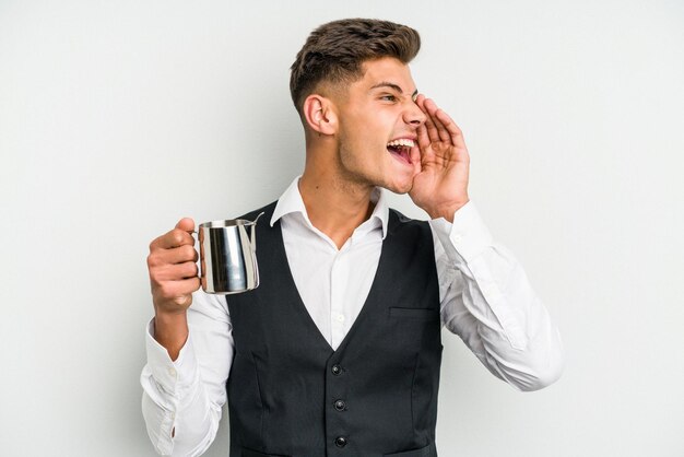 Shouting and holding palm near opened mouth