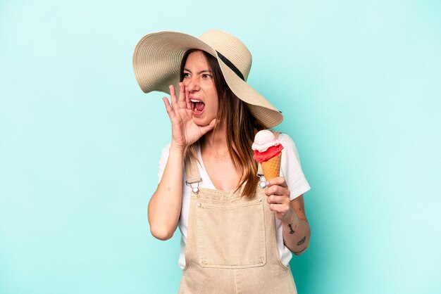 Shouting and holding palm near opened mouth