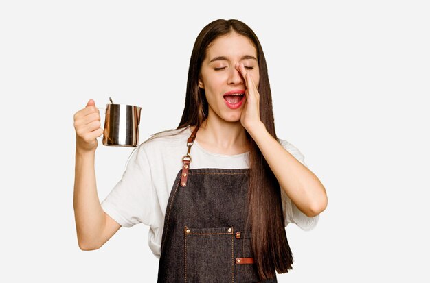 Shouting and holding palm near opened mouth