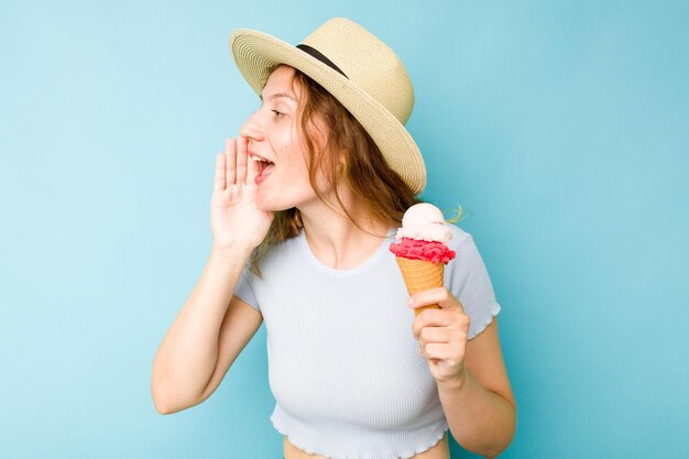 Shouting and holding palm near opened mouth