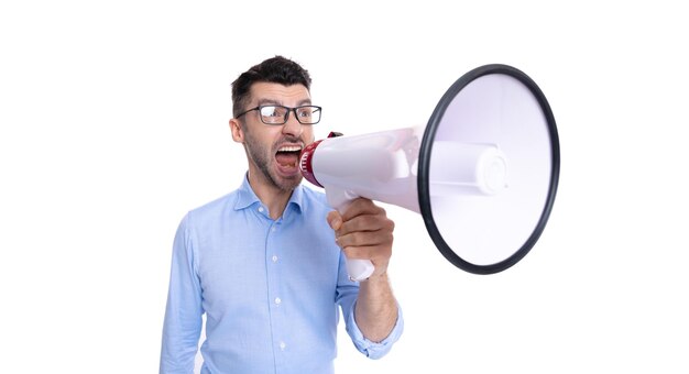 Shouting man announcing with megaphone selective focus photo of man announcing