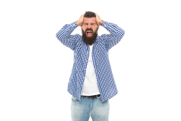 Shouting mature male hipster has headache isolated on white depression