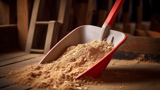 A shovel is being used to clean a pile of wood