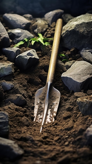 A shovel laying in the dirt with rocks and plants ai