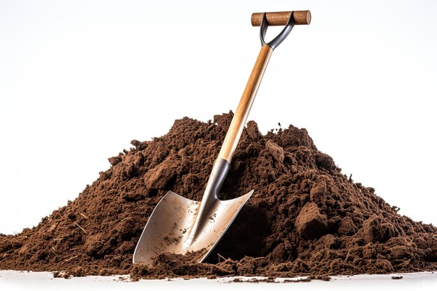 Photo shovel standing in heap of dirt on pure white