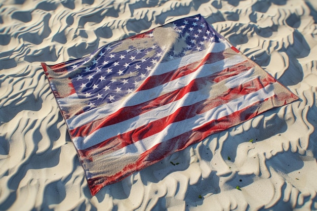 Photo show the american flag on a beach towel