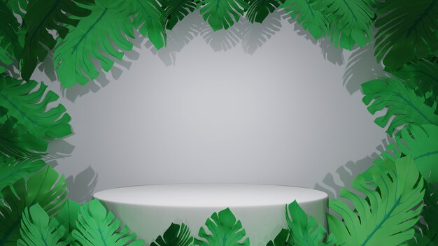 Show background. Empty round plinth with white surface. Modern appearance and Monstera separately, 3D rendering.