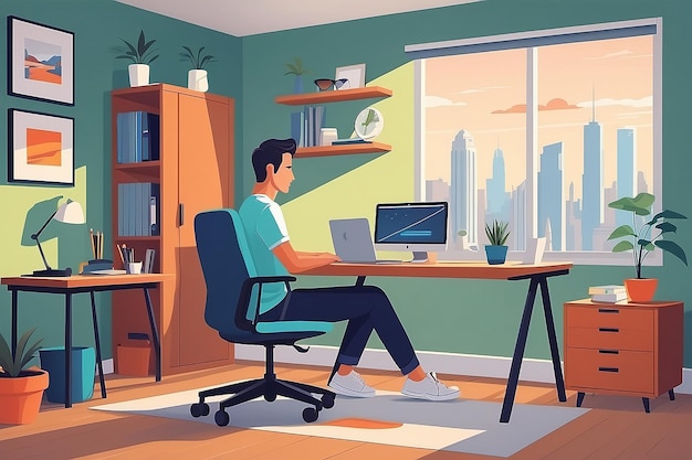 Show the commute from bed to desk emphasizing the ease of remote work